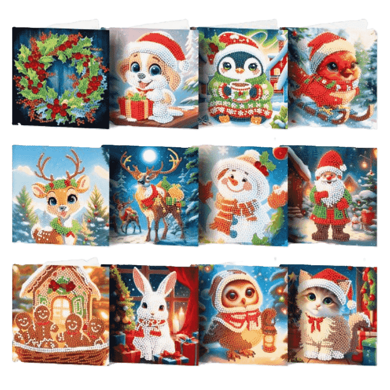 diamond painting 12 kerstkaarten - schattige kerst set – afbeelding 1