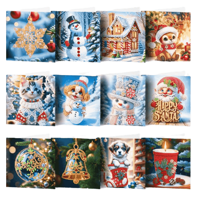 diamond painting 12 kerstkaarten - wintervrienden set – afbeelding 1