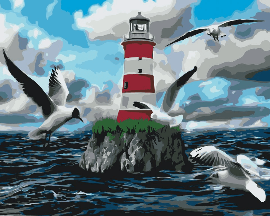 Diamond Painting - Witte en rode vuurtoren en meeuwen - SEOS Shop ®