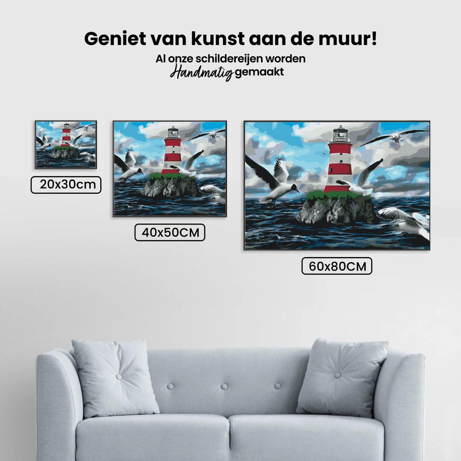 Diamond Painting - Witte en rode vuurtoren en meeuwen - SEOS Shop ®