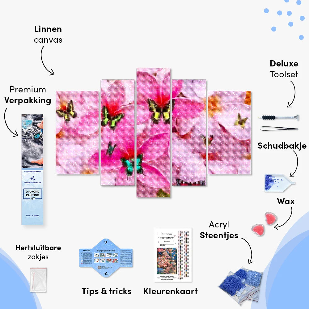 Diamond Painting Gekleurde vlinders op roze bloemen 5 luik - SEOS Shop ®