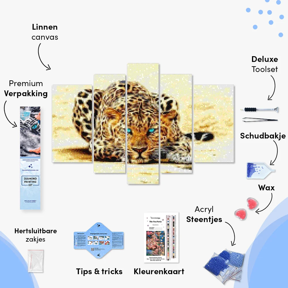Diamond Painting Luipaard met blauwe ogen 5 luik - SEOS Shop ®