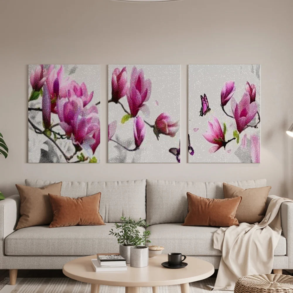 Diamond Painting Roze bloemen met vlinder 3 luik - SEOS Shop ®