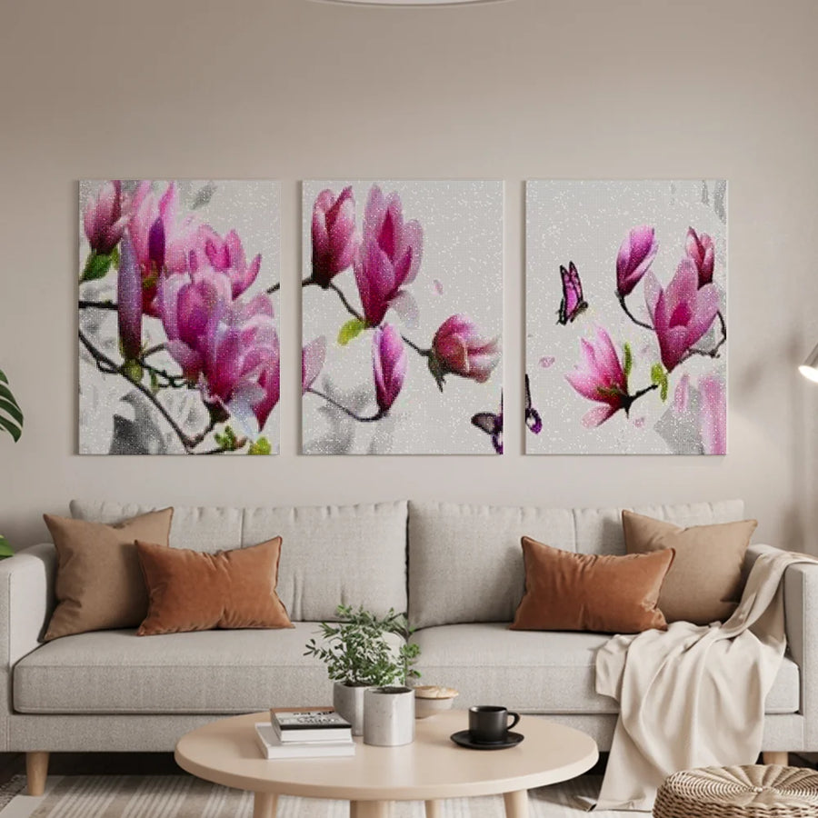 Diamond Painting Roze bloemen met vlinder 3 luik - SEOS Shop ®