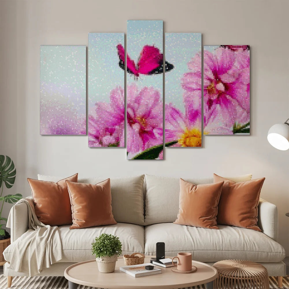 Diamond Painting Roze vlinder op roze bloem 5 luik - SEOS Shop ®