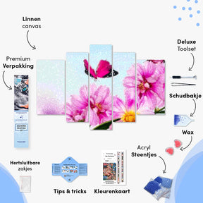 Diamond Painting Roze vlinder op roze bloem 5 luik - SEOS Shop ®