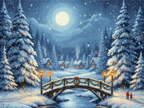 Diamond Painting - Besneeuwde brug met kerstlantaarns