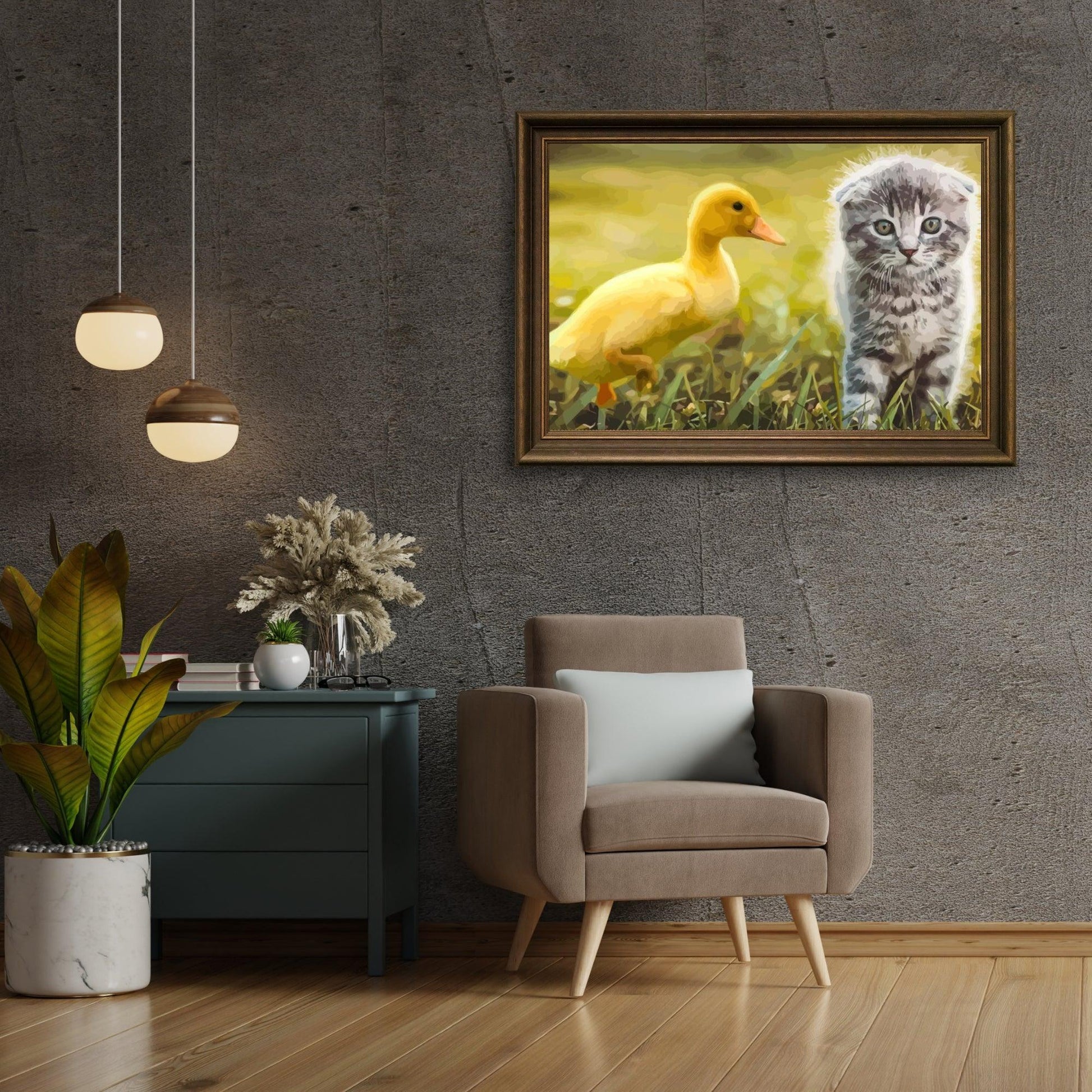 Diamond Painting - Eend speelt met kat - SEOS®