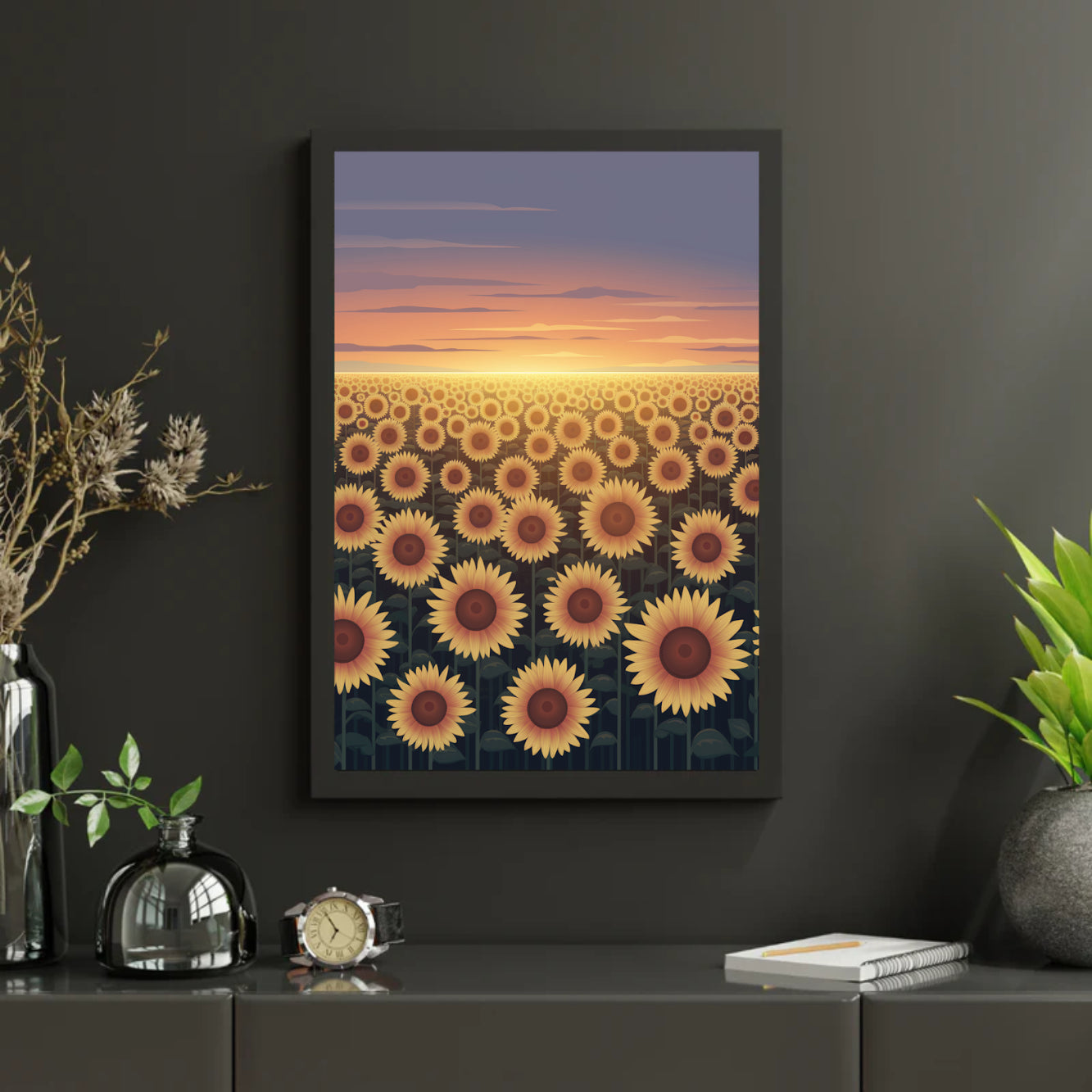 Diamond Painting - Gloeiend zonnebloemveld bij schemering