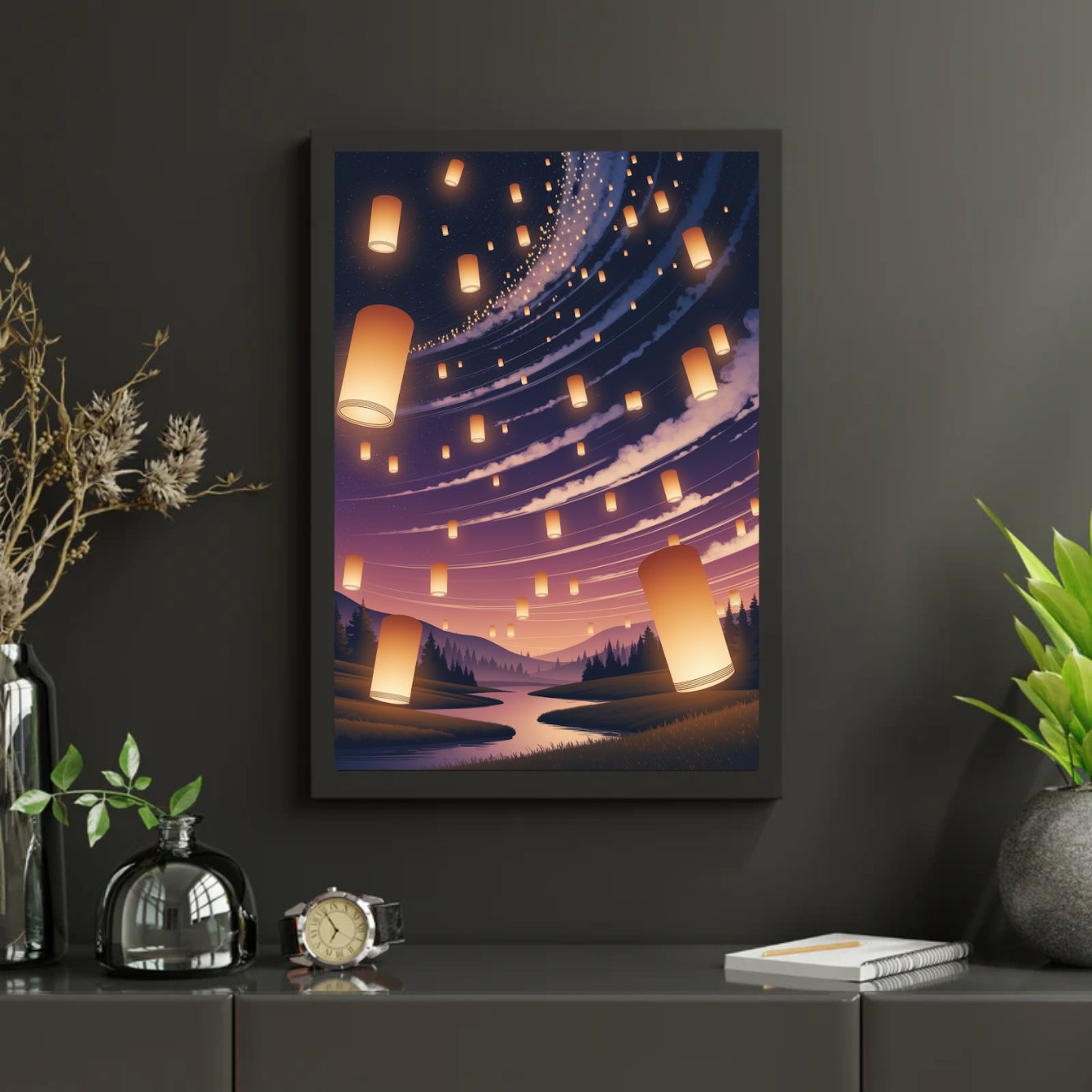 Diamond Painting - Gloeiende lantaarns die in de nachtelijke hemel zweven