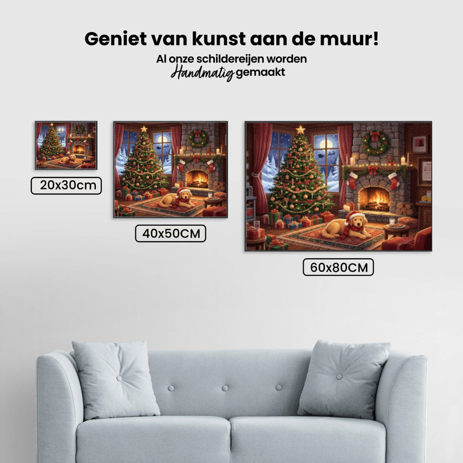 Diamond Painting - Hond wacht op de Kerstman bij de open haard
