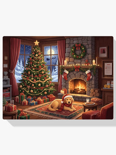 Diamond Painting - Hond wacht op de Kerstman bij de open haard