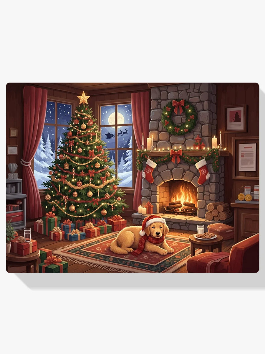 Diamond Painting - Hond wacht op de Kerstman bij de open haard