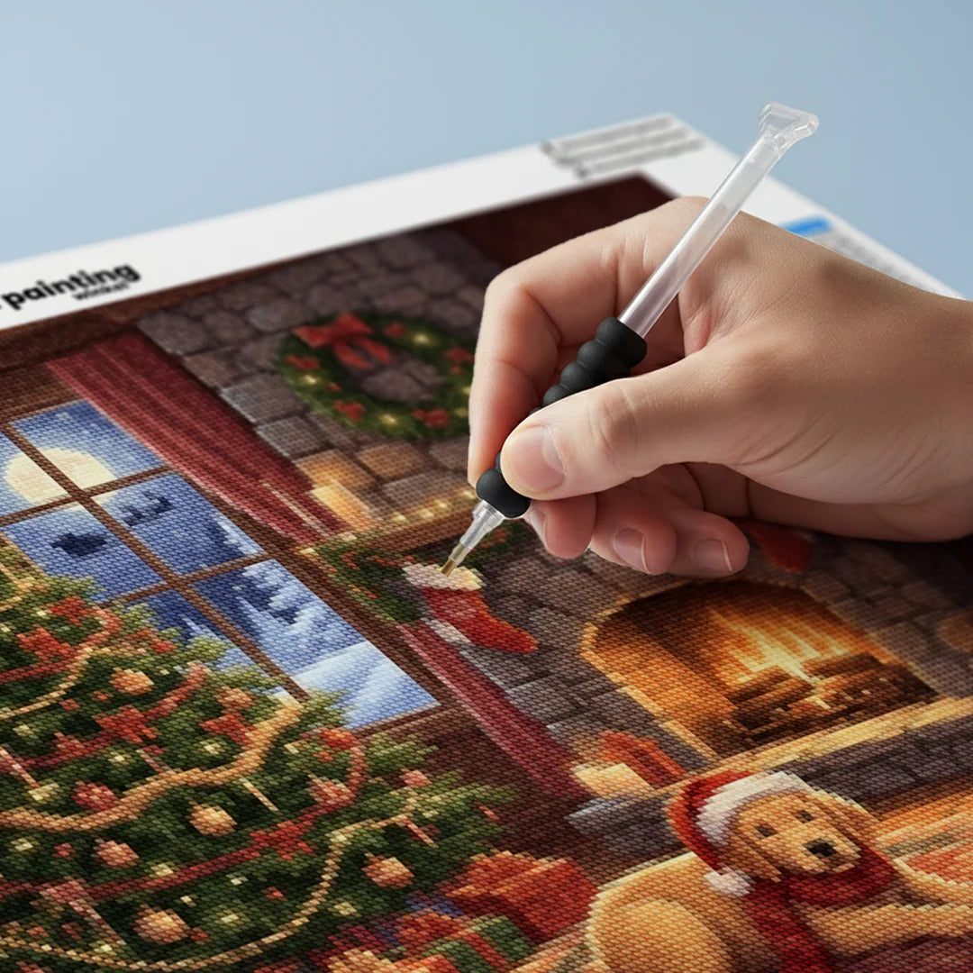 Diamond Painting - Hond wacht op de Kerstman bij de open haard