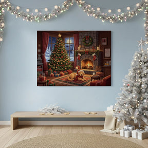 Diamond Painting - Hond wacht op de Kerstman bij de open haard