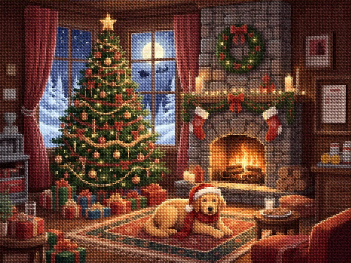 Diamond Painting - Hond wacht op de Kerstman bij de open haard