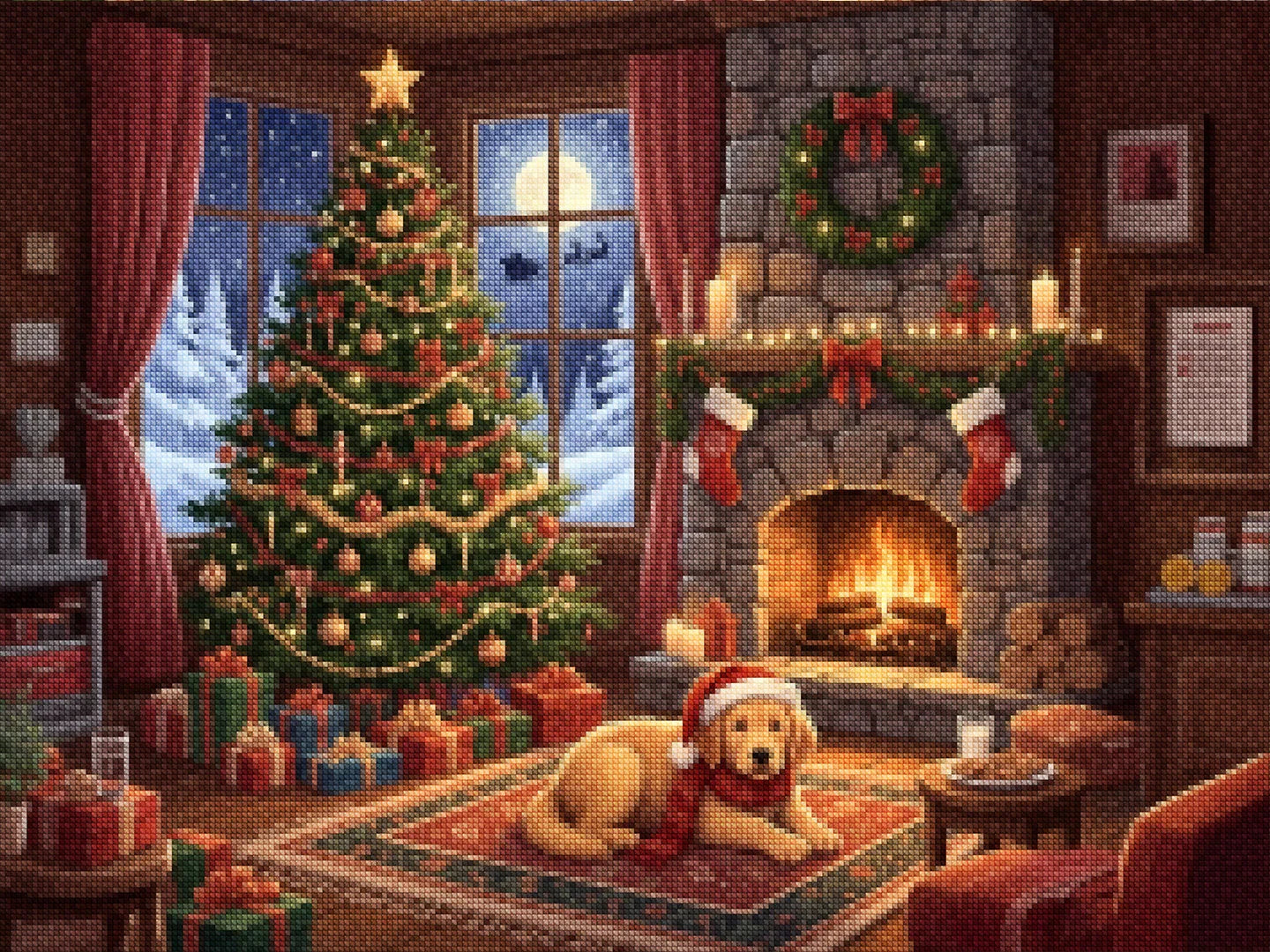 Diamond Painting - Hond wacht op de Kerstman bij de open haard