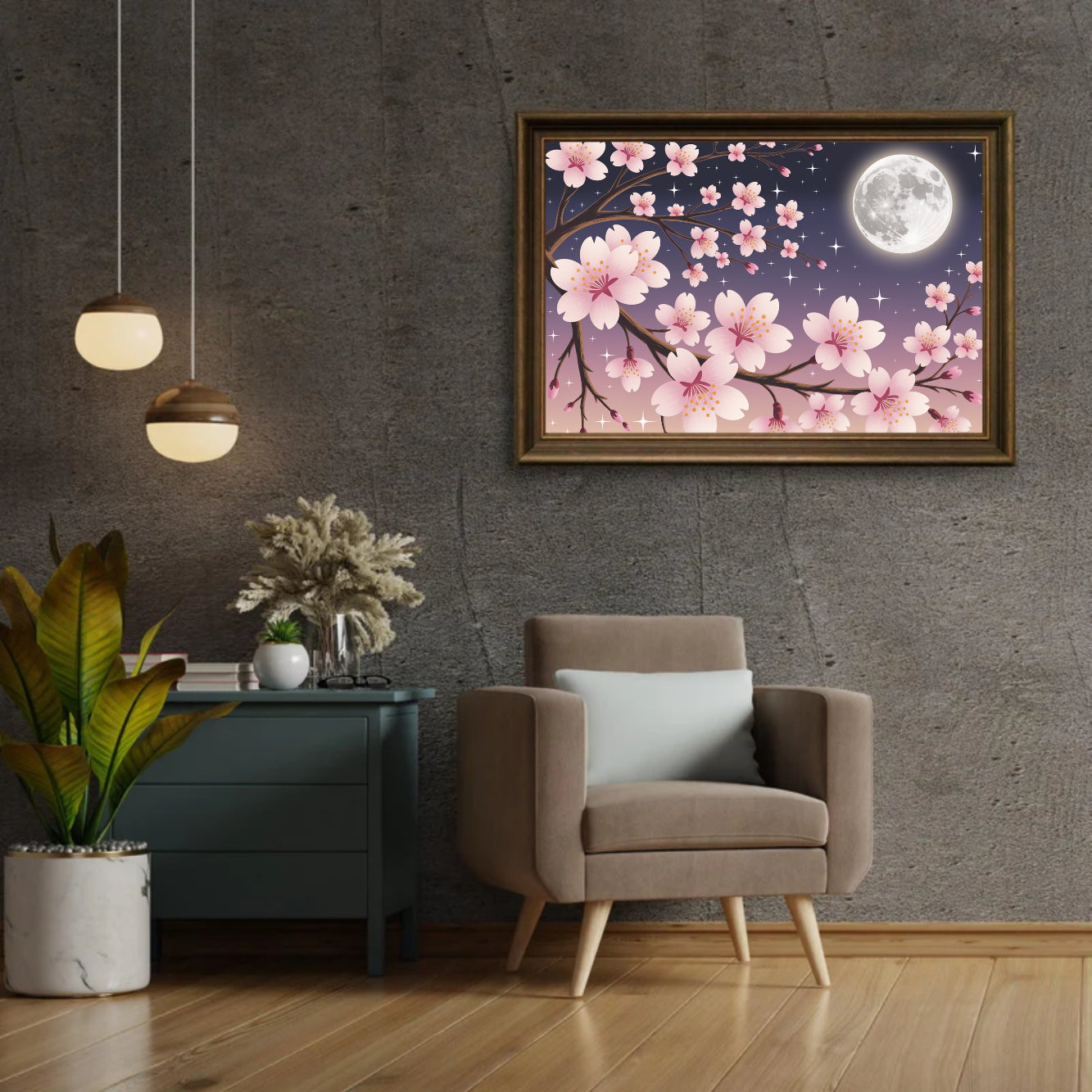 Diamond Painting - Kersenbloesems tegen een maanverlichte hemel