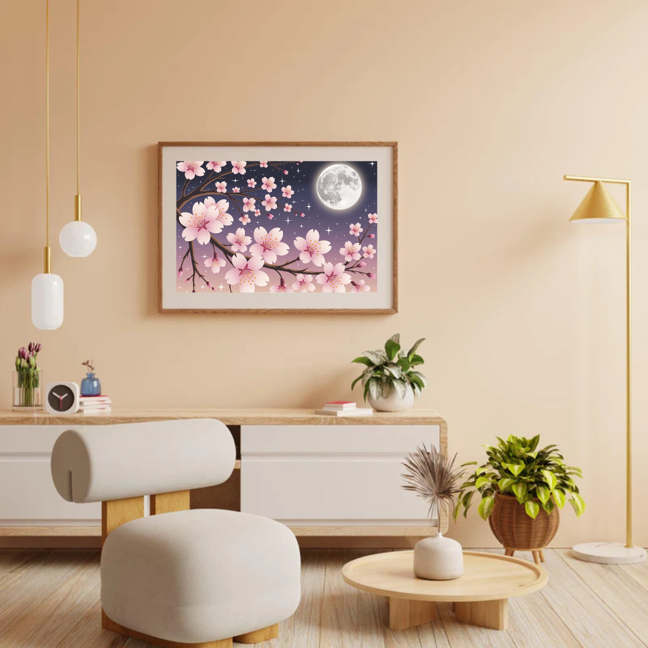 Diamond Painting - Kersenbloesems tegen een maanverlichte hemel