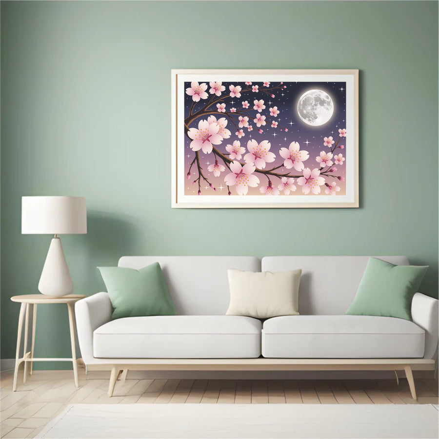 Diamond Painting - Kersenbloesems tegen een maanverlichte hemel