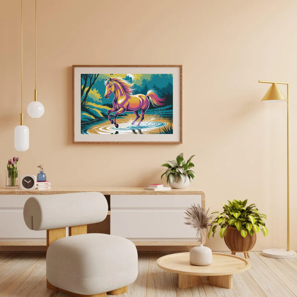 Diamond Painting - Kleurrijk paard galoppeert door water