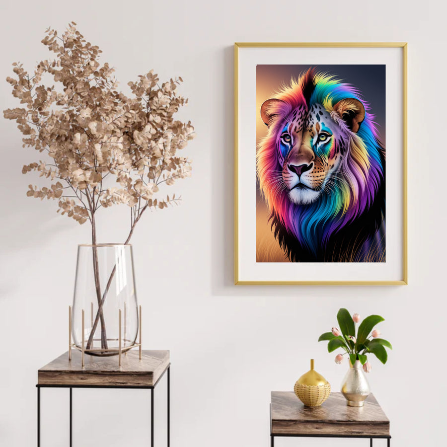 Diamond Painting - Regenboog leeuwengezicht met heldere, wervelende kleuren