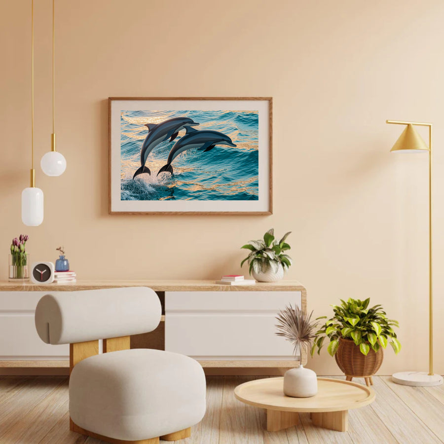 Diamond Painting - Sierlijk dolfijnenduo springend uit zee V2