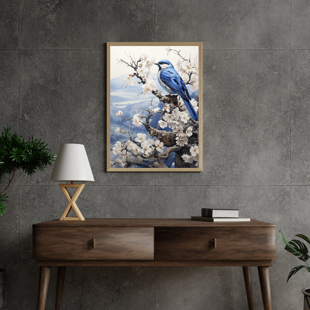 Diamond Painting - Vogel in delftsblauw in winters landschap