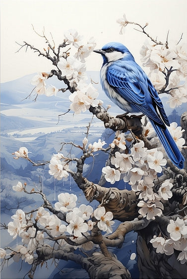 Diamond Painting - Vogel in delftsblauw in winters landschap