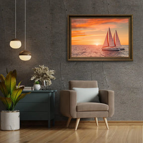 Diamond Painting - Vurige zonsondergang over de oceaan met zeilboten
