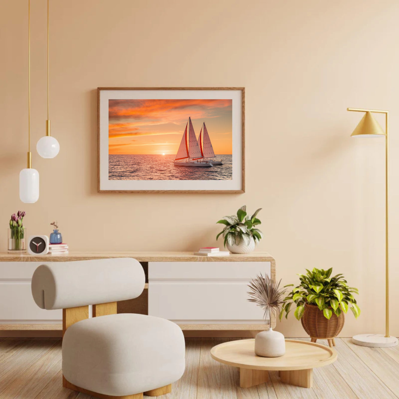 Diamond Painting - Vurige zonsondergang over de oceaan met zeilboten