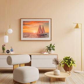 Diamond Painting - Vurige zonsondergang over de oceaan met zeilboten