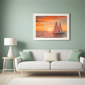 Diamond Painting - Vurige zonsondergang over de oceaan met zeilboten