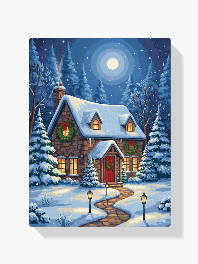 Diamond Painting - Winterhuisje met kerstkransen
