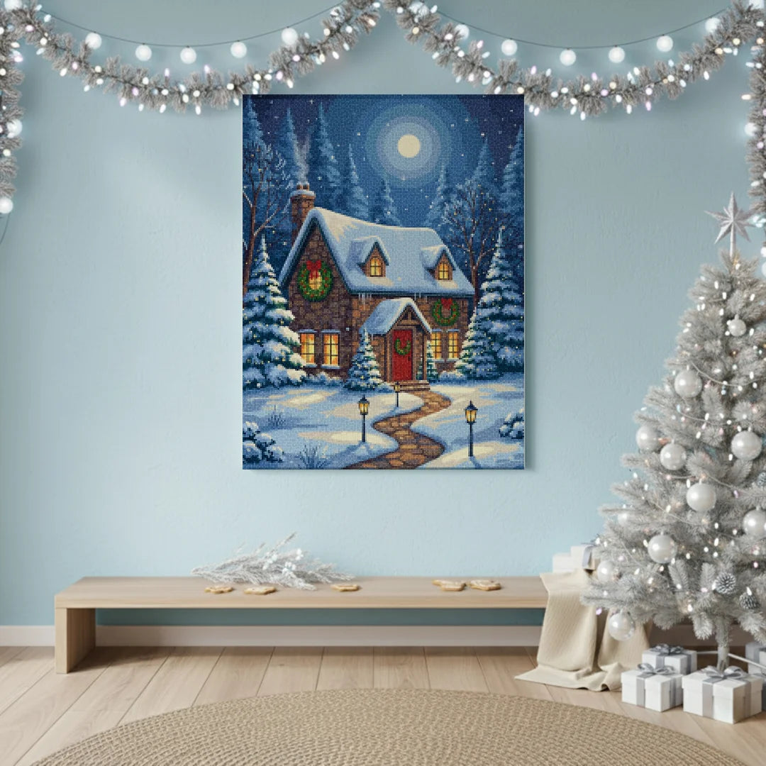 Diamond Painting - Winterhuisje met kerstkransen