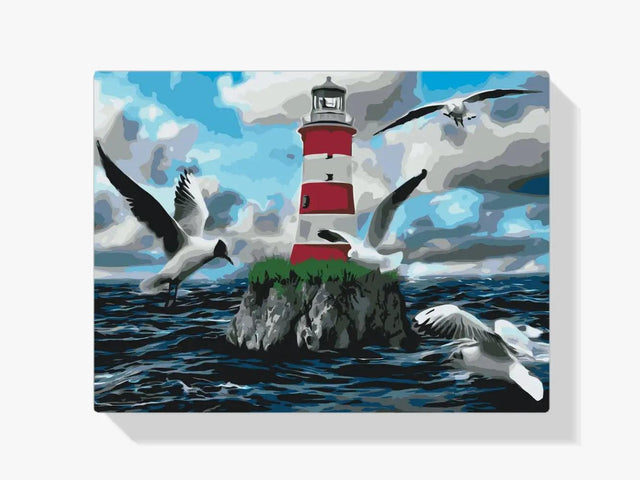 Diamond Painting - Witte en rode vuurtoren en meeuwen - SEOS Shop ®