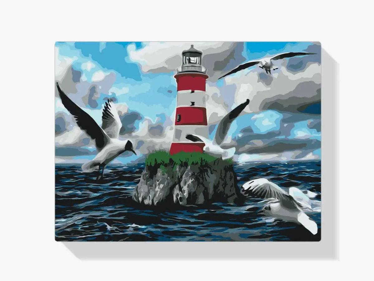 Diamond Painting - Witte en rode vuurtoren en meeuwen - SEOS Shop ®