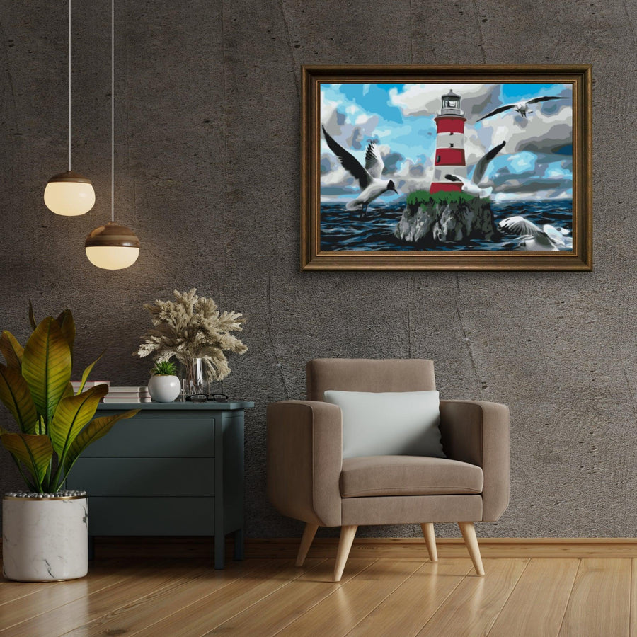 Diamond Painting - Witte en rode vuurtoren en meeuwen - SEOS Shop ®