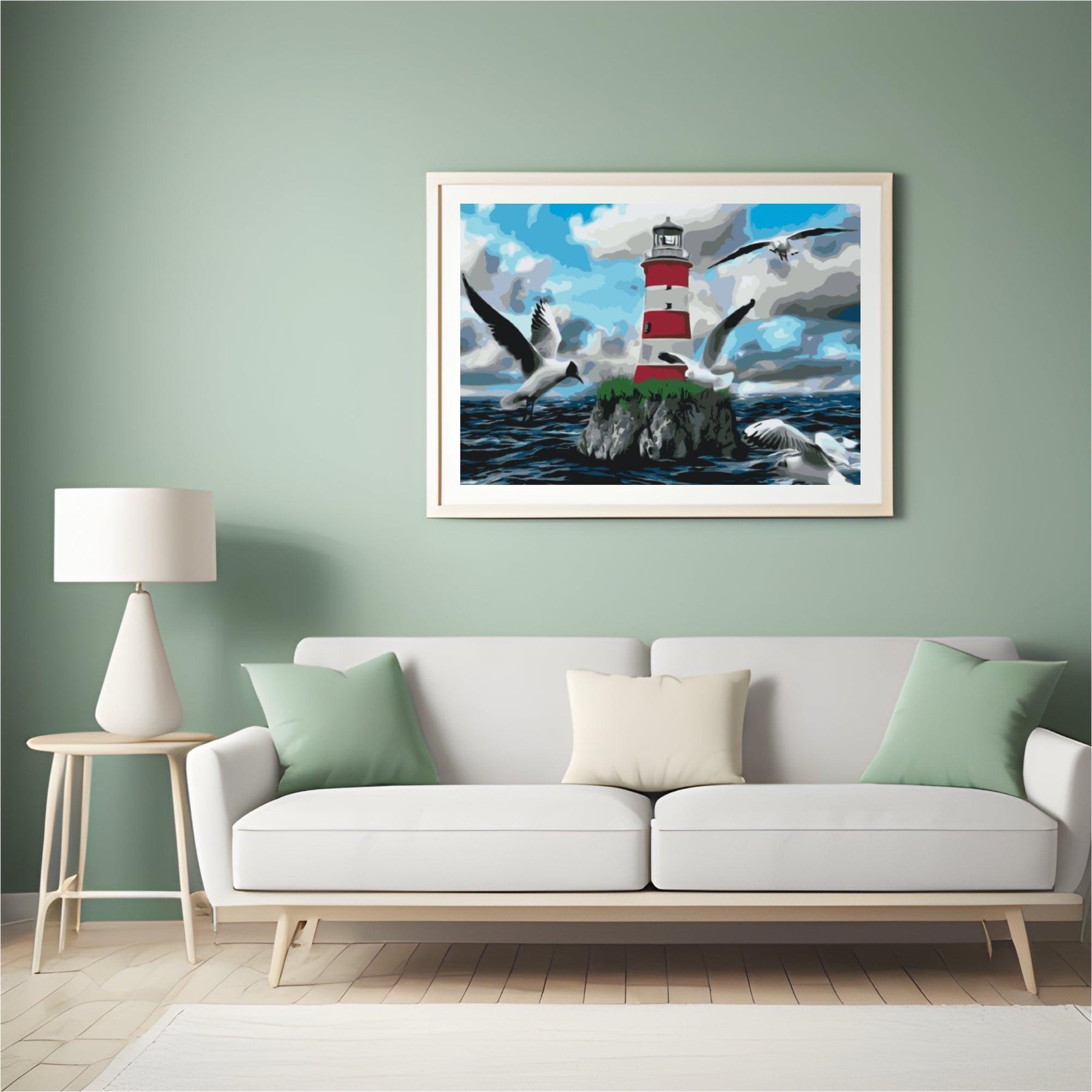 Diamond Painting - Witte en rode vuurtoren en meeuwen - SEOS Shop ®