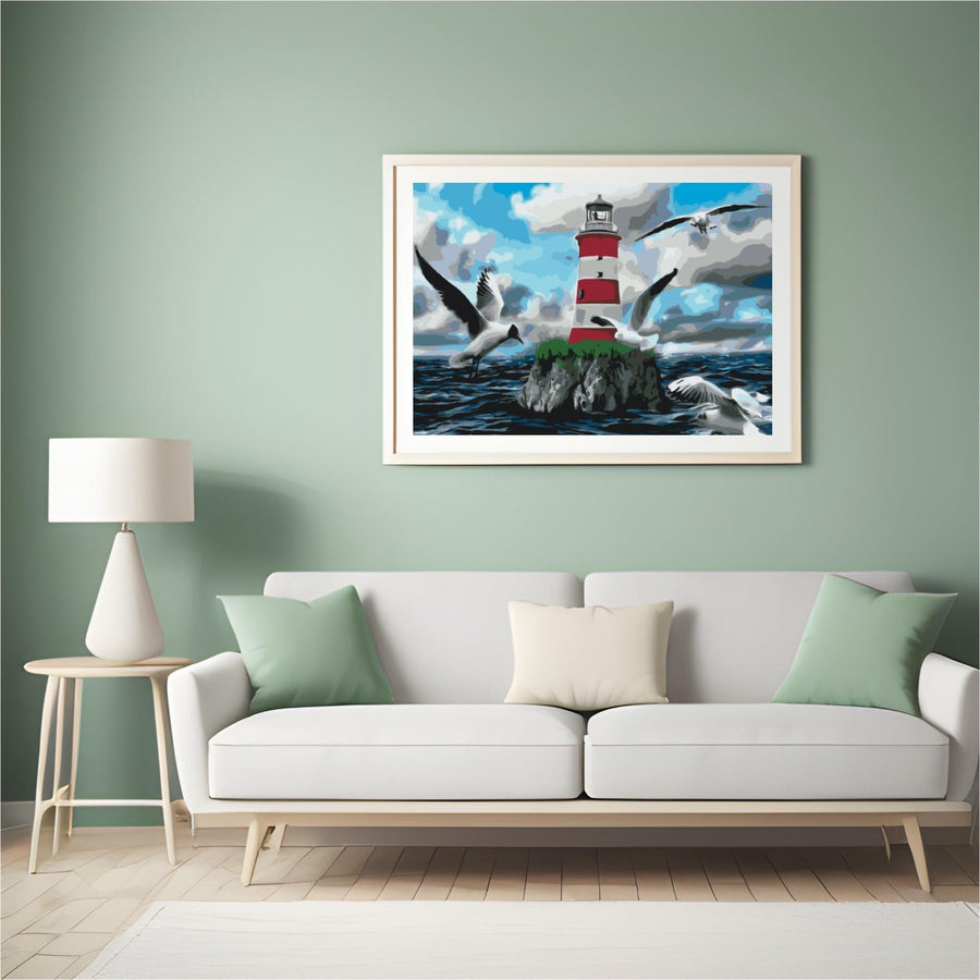 Diamond Painting - Witte en rode vuurtoren en meeuwen - SEOS Shop ®