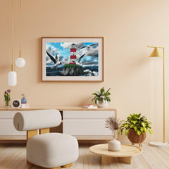 Diamond Painting - Witte en rode vuurtoren en meeuwen - SEOS Shop ®