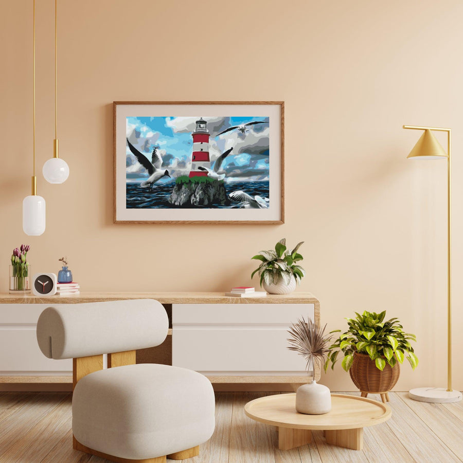 Diamond Painting - Witte en rode vuurtoren en meeuwen - SEOS Shop ®
