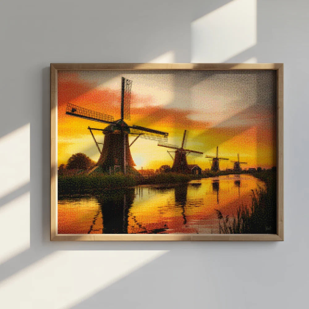 Diamond Painting - Zonsondergang bij de molens van Kinderdijk