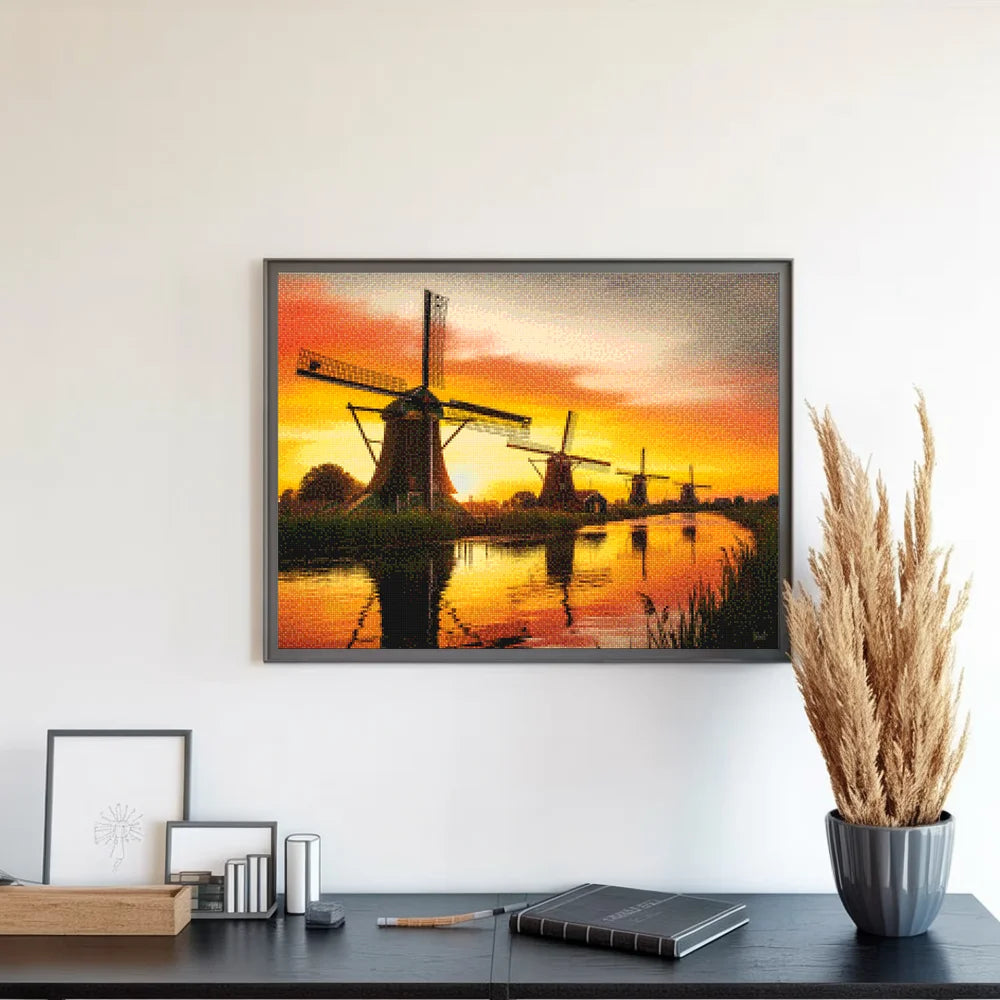 Diamond Painting - Zonsondergang bij de molens van Kinderdijk