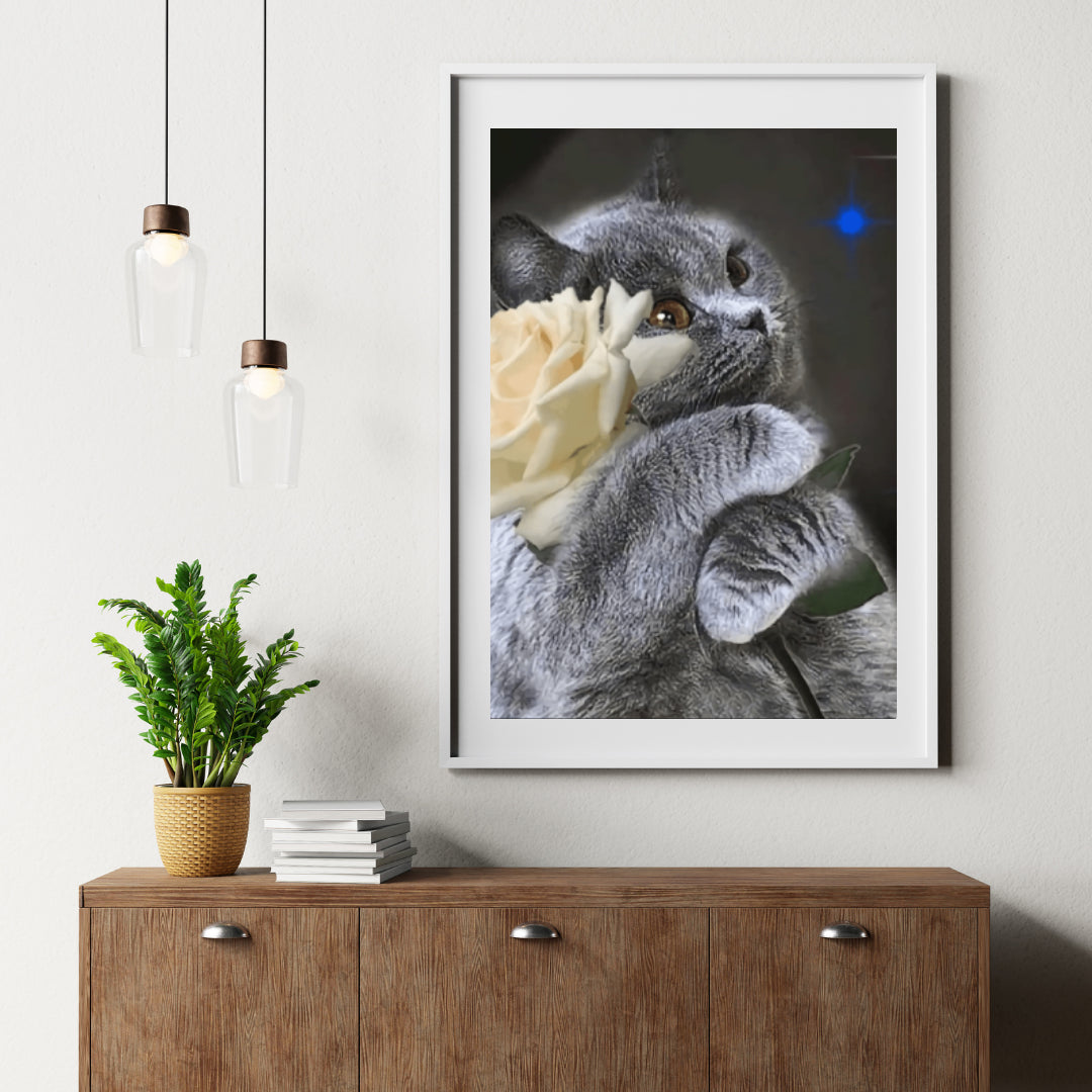 Diamond Painting Kat met witte roos - SEOS Shop ®