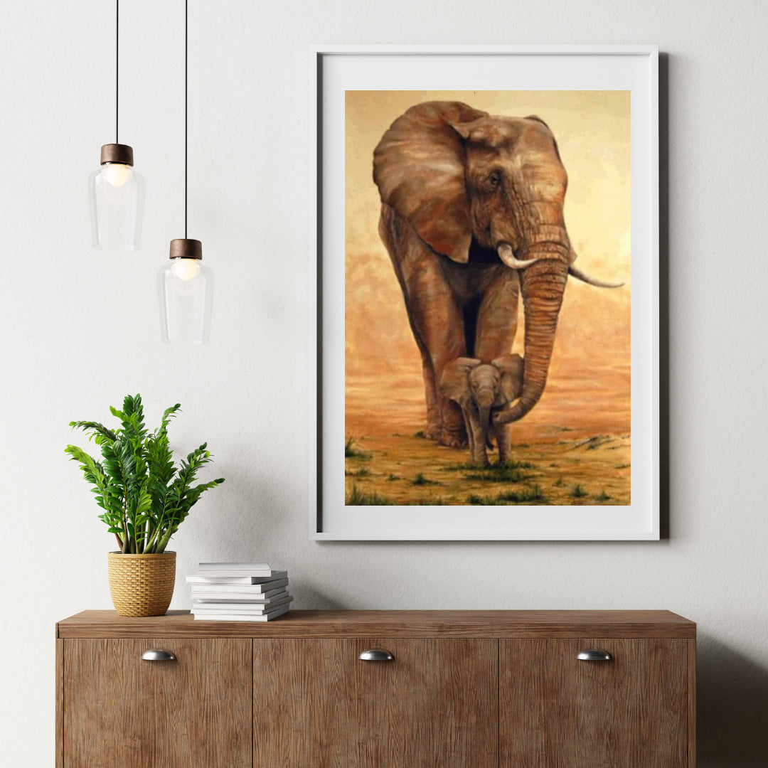 Diamond Painting Olifant met Kalfje op de Savanne - SEOS Shop ®