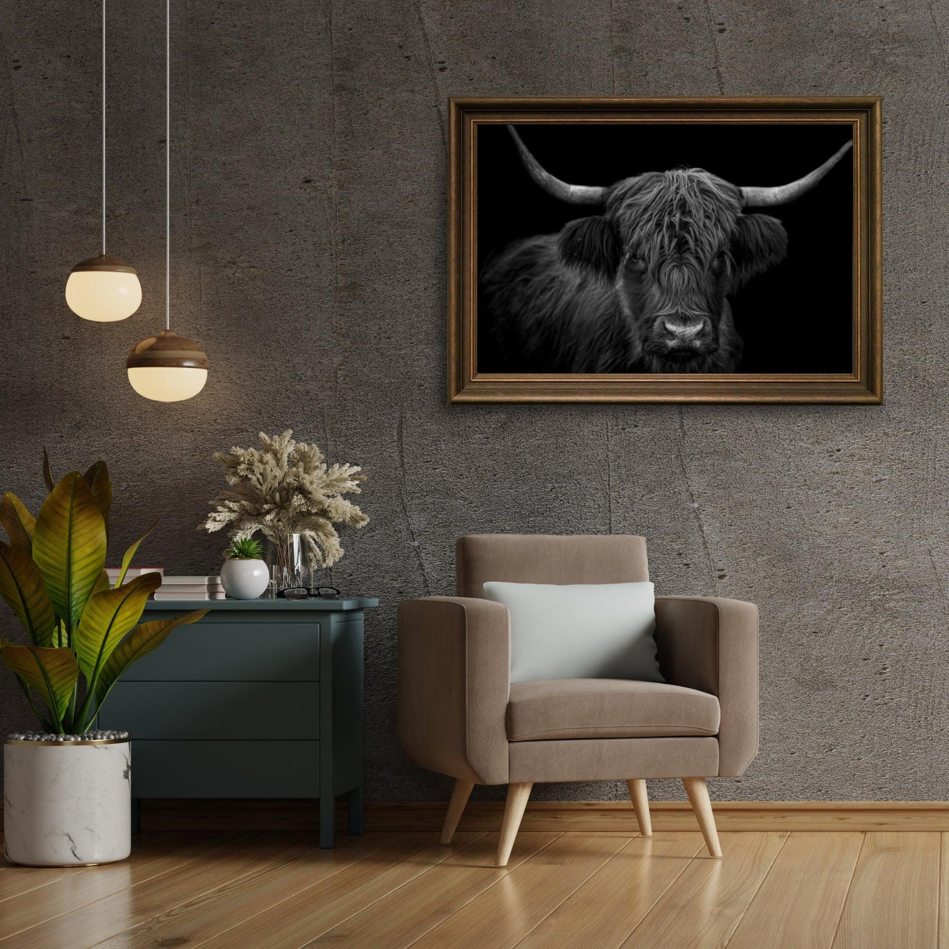Diamond Painting Schotse hooglander - Zwart-wit portret van een harige Schotse hooglander - SEOS Shop ®