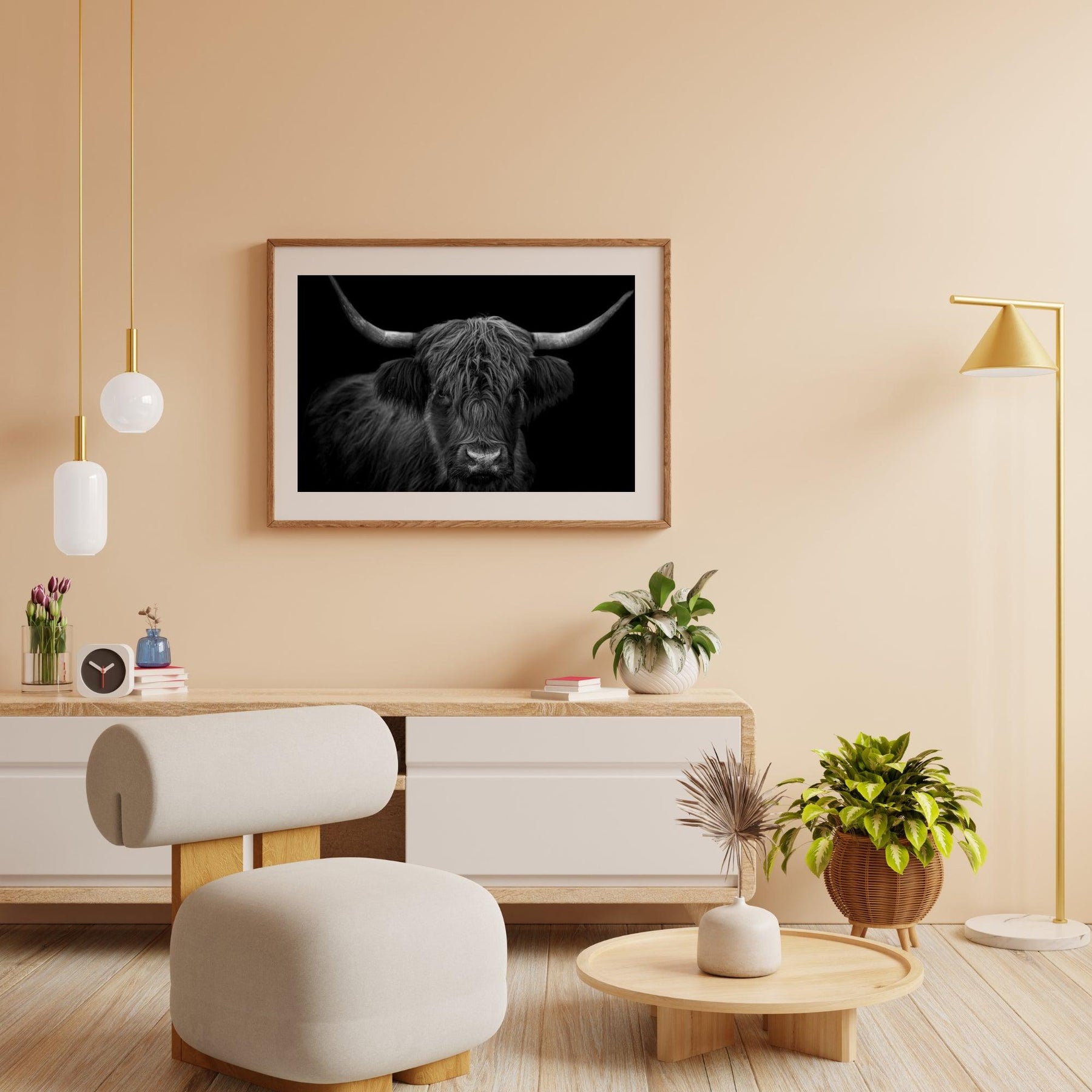 Diamond Painting Schotse hooglander - Zwart-wit portret van een harige Schotse hooglander - SEOS Shop ®