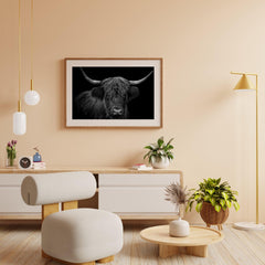 Diamond Painting Schotse hooglander - Zwart-wit portret van een harige Schotse hooglander - SEOS Shop ®