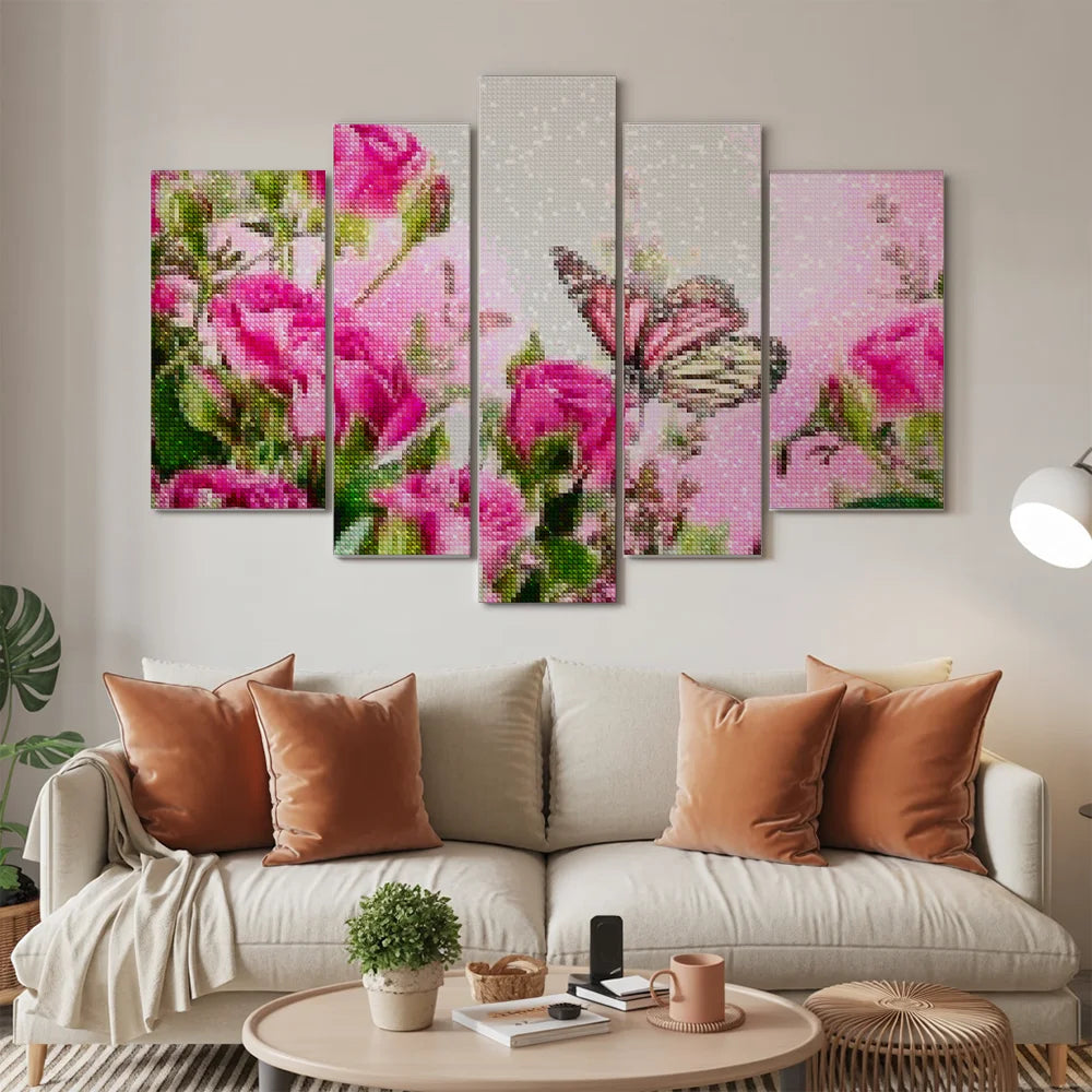 Diamond Painting Vlinder met roze bloemen 5 luik - SEOS Shop ®